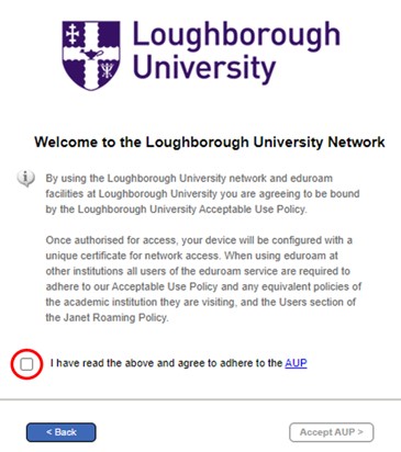 prompt box to accept AUP